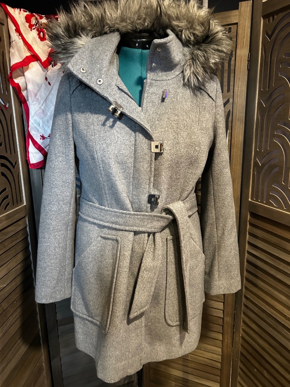 Calvin Klein Gray Wool Blend Belted Coat Faux Fur Hood Silver Hardware